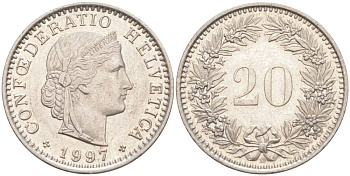 ШВЕЙЦАРИЯ 20 РАППЕНОВ 1997 В KM 29a медно-никель 55-1045