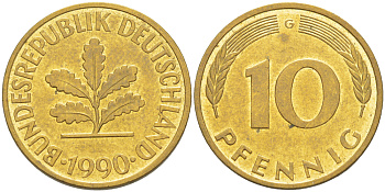 ФРГ 10 ПФЕННИГОВ 1990 G KM 108, J. 383 сталь плакированная латунью 4182-955