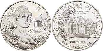 США 1 доллар 1999 Р, ДОЛЛИ МЭДИСОН KM 298 серебро PROOF 00-00
