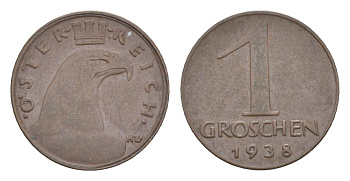 Австрия 1 грош 1938 редкий год KM 2836 бронза 4564-213