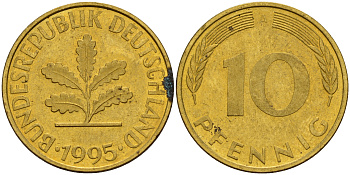 ФРГ 10 пфеннигов 1995 A J. 383, KM 108 сталь плакированная латунью    4603-715