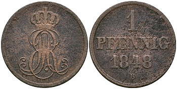 Ганновер 1 пфенниг 1848 B, Эрнст Август (1837-1851) KM 201.1, AKS 129, J. 74 медь 08-1368