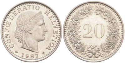 ШВЕЙЦАРИЯ 20 РАППЕНОВ 1997 В KM 29a медно-никель 55-1045