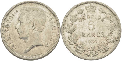 БЕЛЬГИЯ 5 ФРАНКОВ 1930 АЛЬБЕРТ I, DES BELGES KM 97.1 никель 3851-111