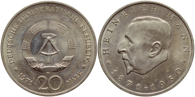 ГДР 20 марок 1971 А, 100 лет со дня рождения Генриха Манна (1871-1950) KM 33, J. 1531 медно-никель aUNC 1523-111