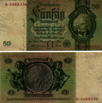 ГЕРМАНИЯ 50 РЕЙХСМАРОК 1933 БУКВА D Pick 182a бумага XF 7487-15-2