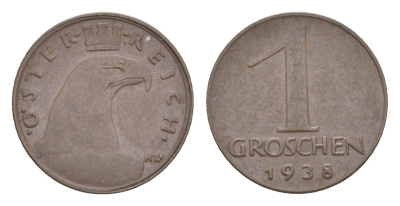 Австрия 1 грош 1938 редкий год KM 2836 бронза 4564-213