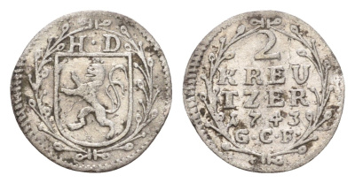 Гессен-Дармштадт 2 крейцера 1743 Людвиг VIII (1739-1768) KM 173 серебро 1530-111