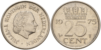 Нидерланды 25 центов 1975 Юлиана (1949-1980) KM 183 никель    4598-515