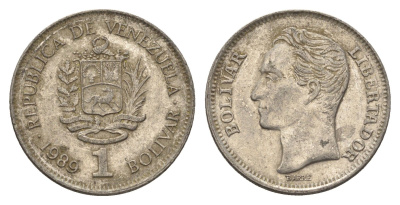 Венесуэла 1 боливар 1989 Симон Боливар, толстый шрифт Y 52a.2 сталь плакированная никелем 4662-856