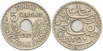 ТУНИС 5 САНТИМОВ 1931 АН1350, AHMAD PASHA BEY KM 258 никель бронза 4516-117