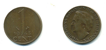 Нидерланды 1 цент 1948 Вильгельмина (1890-1948), год тип KM 175 бронза 54-228