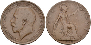 Великобритания 1 пенни 1911 Георг V (1910-1936) KM 810, Spink 4051 бронза 4117-736