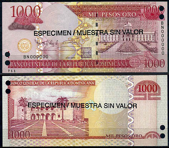 Доминиканская Республика 1000 песо 2006 образец, SPECIMEN Pick 180s бумага UNC (пресс) 2197-40-3-2