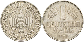 ФРГ 1 МАРКА 1962 G KM 110, J. 385 медно-никель 4551-1245