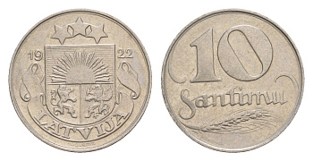 Латвия 10 сантимов 1922 год-тип KM 4 никель    4658-1221