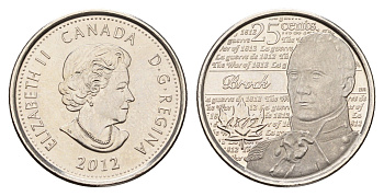 Канада 25 центов 2012 Война 1812 года - Генерал-майор Исаак Брок KM 1322 сталь плакированная никелем UNC 4678-1215