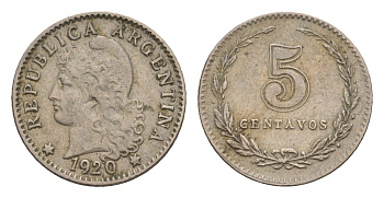 Аргентина 5 сентаво 1920 KM 34 медно-никель 4655-961
