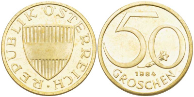 АВСТРИЯ 50 ГРОШЕЙ 1984 KM 2885 алюминиевая бронза PROOF 211-1159