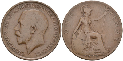 Великобритания 1 пенни 1911 Георг V (1910-1936) KM 810, Spink 4051 бронза 4117-736