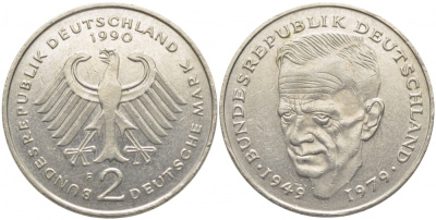 ФРГ 2 МАРКИ 1990 F, КУРТ ШУМАХЕР KM 149, J. 424 медно-никель плакированный никелем 3856-415