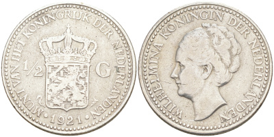 Нидерланды 1/2 гульдена 1921 Вильгельмина I (1890-1948) KM 160 серебро XF 106-353