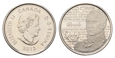Канада 25 центов 2012 Война 1812 года - Генерал-майор Исаак Брок KM 1322 сталь плакированная никелем UNC 4678-1215