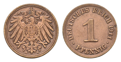 Германия 1 пфенниг 1911 A, Вильгельм II (1888-1918) KM 10, J. 10 медь 4630-669