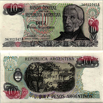 АРГЕНТИНА 10 ПЕСО 1983 СЕРИЯ А 36312, ГЕНЕРАЛ САН МАРТИ Pick 313а, Bottero 2611 бумага UNC (ПРЕСС) 6352-20-3-2