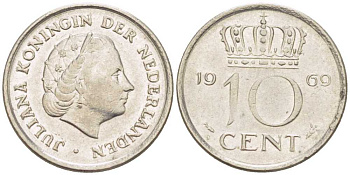 Нидерланды 10 центов 1969 Юлиана (1948-1980) KM 182 никель 214-1239
