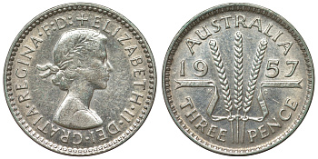 Австралия 3 пенса 1957 m, Елизавета II (1953-) KM 57 серебро 71-532