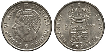 Швеция 2 кроны 1952 TS, Густав VI Адольф (1950-1973) KM 827 серебро 00-00