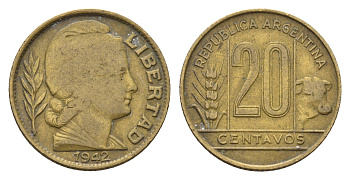 Аргентина 20 сентаво 1942 самый редкий год тиража - 2.130.000 KM 42 алюминиевая бронза 4674-1017
