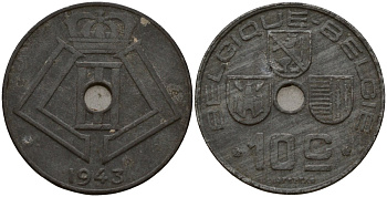 Бельгия 10 сантимов 1943 Belgique - Belgie, Леопольд III (1934-1947), германская оккупация, Вторая мировая война KM 125 цинк 4161-325