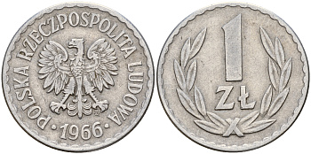 Польша 1 злотый 1966 MW KM 49.1 алюминий    4187-354