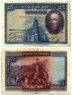 Испания 25 песет 1928 Педро Кальдерон де ля Барка, серия А8 Pick 74b бумага 8564-28-3-2
