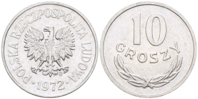 ПОЛЬША 10 ГРОШЕЙ 1972 MW KM AA47, Parchimowicz 206k алюминий XF 4181-1129