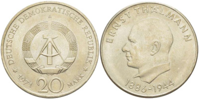ГДР 20 марок 1971 A, 85 лет со дня рождения Эрнста Тельмана KM 34, J. 1535 медно-никель 4521-342