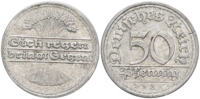 ГЕРМАНИЯ 50 ПФЕННИГОВ 1921 G KM 27, J. 301, Weege 10 алюминий 261-743