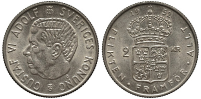 Швеция 2 кроны 1952 TS, Густав VI Адольф (1950-1973) KM 827 серебро 00-00