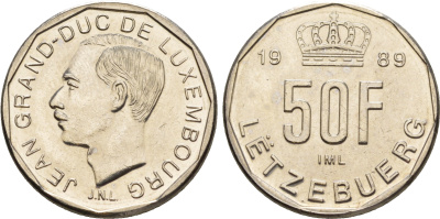 Люксембург 50 франков 1989 Великий герцог Жан (1964-2000) KM 66 никель  UNC  4635-1156