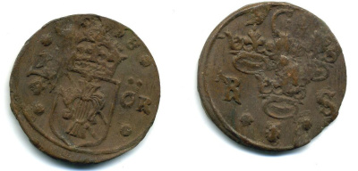 Швеция 1/4 эре 1638 Кристина (1632-1654), была в обращении на территории России медь 53-916