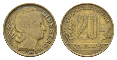 Аргентина 20 сентаво 1942 самый редкий год тиража - 2.130.000 KM 42 алюминиевая бронза 4674-1017