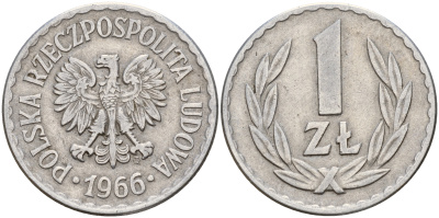 Польша 1 злотый 1966 MW KM 49.1 алюминий    4187-354