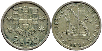 ПОРТУГАЛИЯ 2,5 ЭСКУДО 1971 ПАРУСНИК KM 590 медно-никель 4396-143