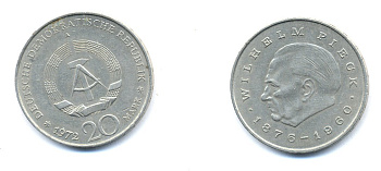 ГДР 20 марок 1972 А, Вильгельм Пик (1876-1960) KM 42 медно-никель 54-2545