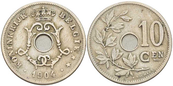 БЕЛЬГИЯ 10 САНТИМОВ 1904 BELGIE KM 53 медно-никель 212-936