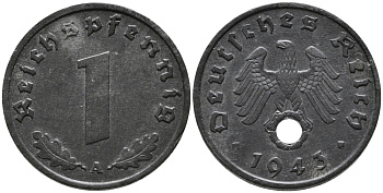 ГЕРМАНИЯ 1 РЕЙХСПФЕННИГ 1943 A KM 97, J.369 цинк 96-754