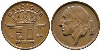 БЕЛЬГИЯ 50 САНТИМОВ 1964 BELGIQUE КМ 148.1 бронза 176-651