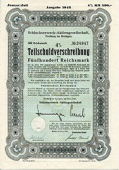 Германия 500 рейхсмарок 1943 АО Schluchseewerk (оператор 5 ГЭС), Фрайбург-им-Брайсгау, 4% -ное частичное обязательство   бумага 8804-102-1